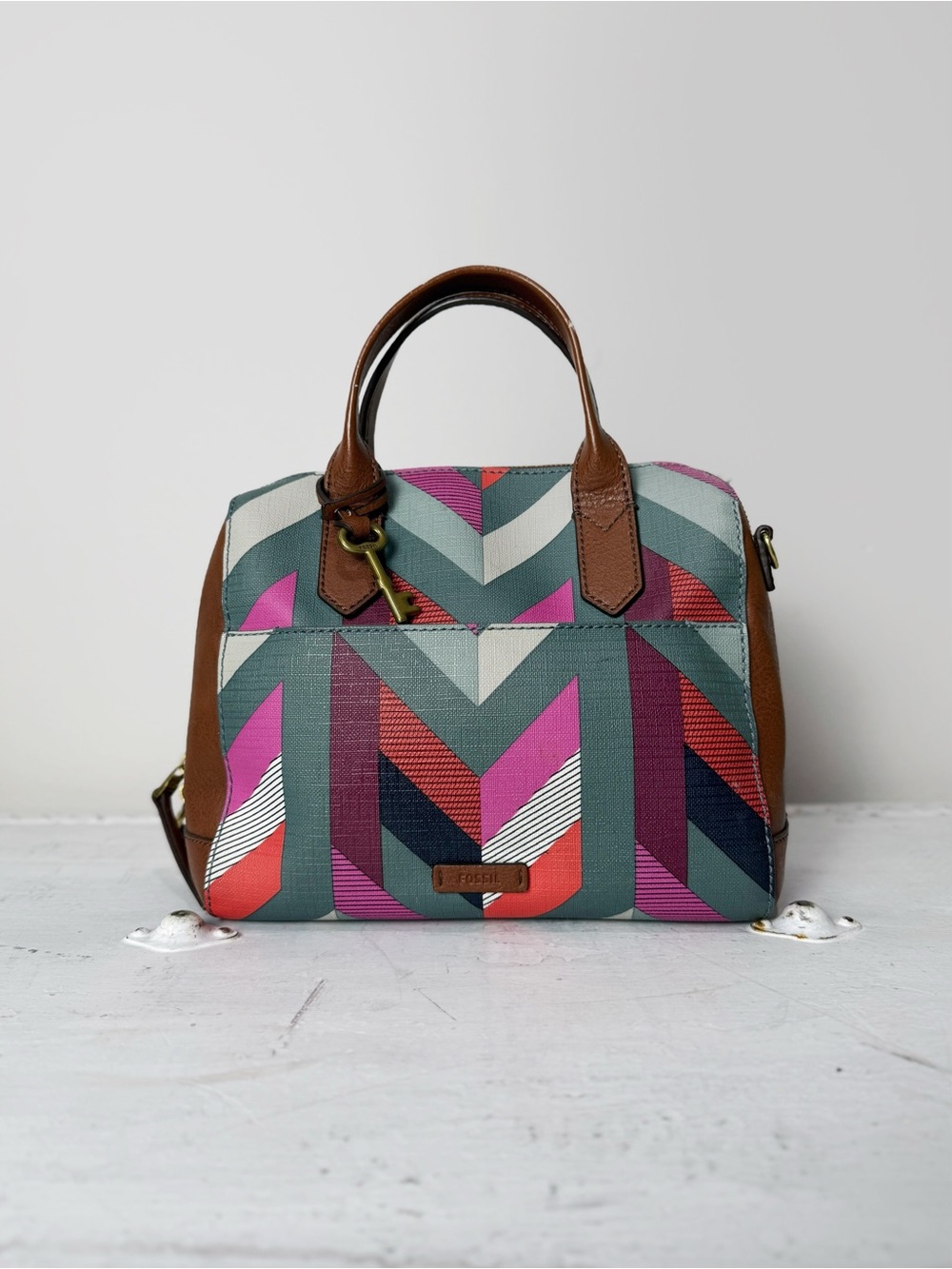 Fossil Fiona Multicolor Coated Chevron Handbag Satchel Bag